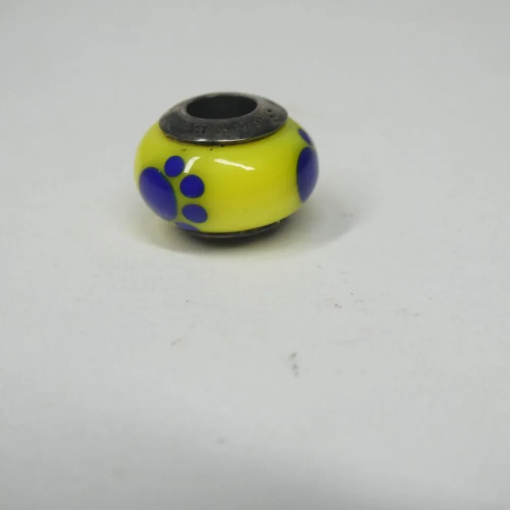 Ohm Glass Bead Blue Yellow Paw Print Dog 925 Sterling Silver Charm